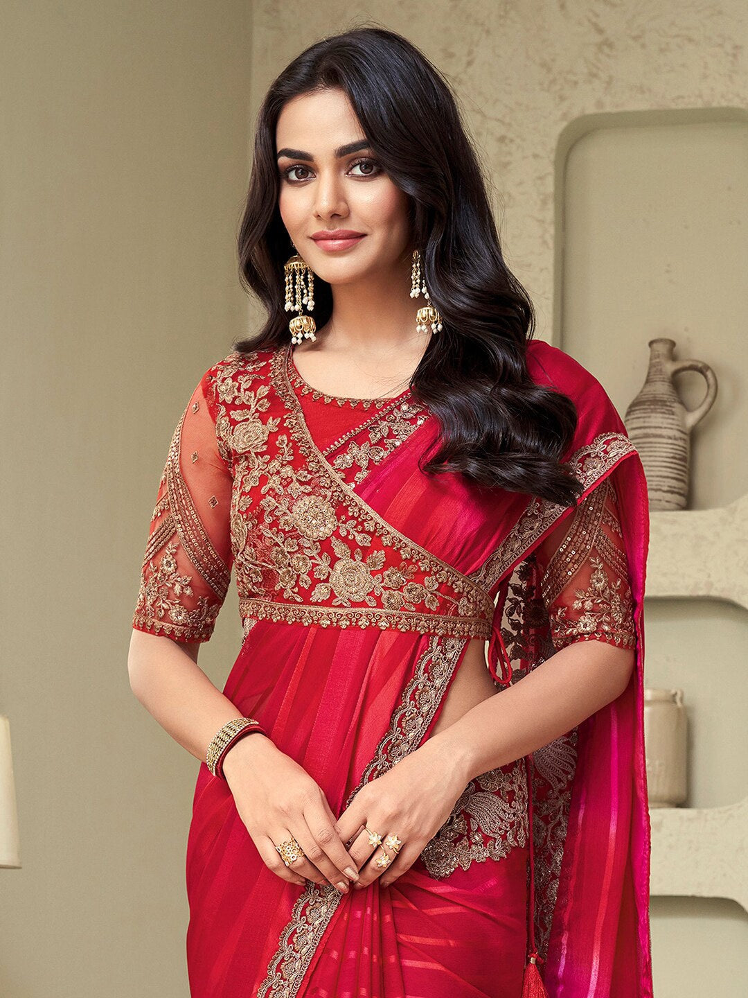 Mitera Pink & Gold-Toned Pure Georgette Saree - Distacart