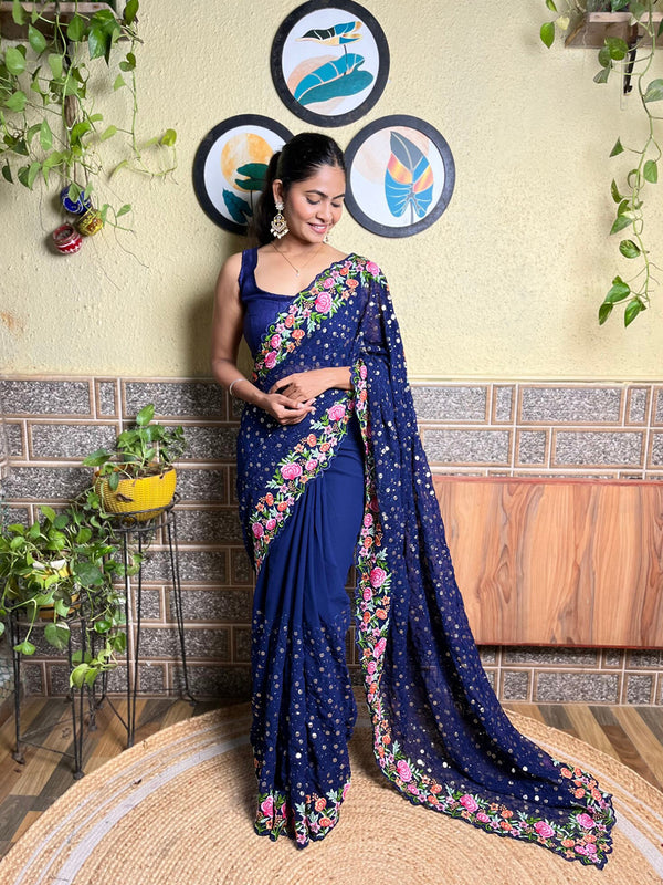 Mitera Navy Blue & Pink Floral Embroidered Georgette Saree - Distacart