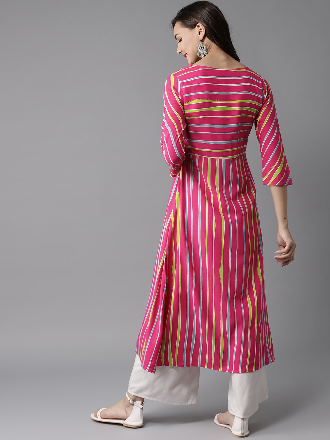 HERE&NOW Women Stripes & Tie-Up A-Line Viscose Kurta - Distacart