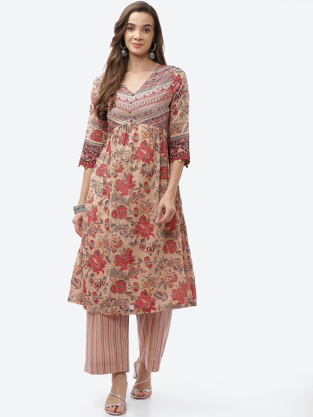 Biba Women Plus Size Beige Floral Printed A-line Kurta with Palazzos - Distacart