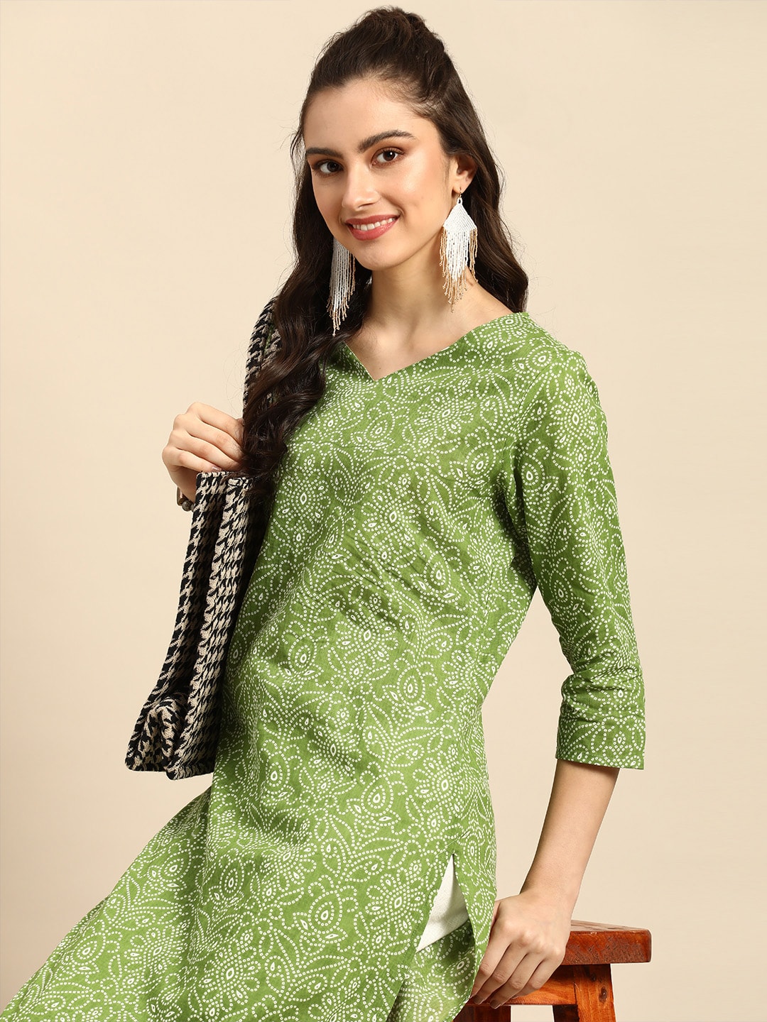 Sangria Women Green Bandhani Printed Pure Cotton Kurta - Distacart
