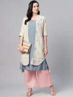 Thumbnail for Biba Women Blue & Yellow Solid Kurta with Ethnic Jacket - Distacart