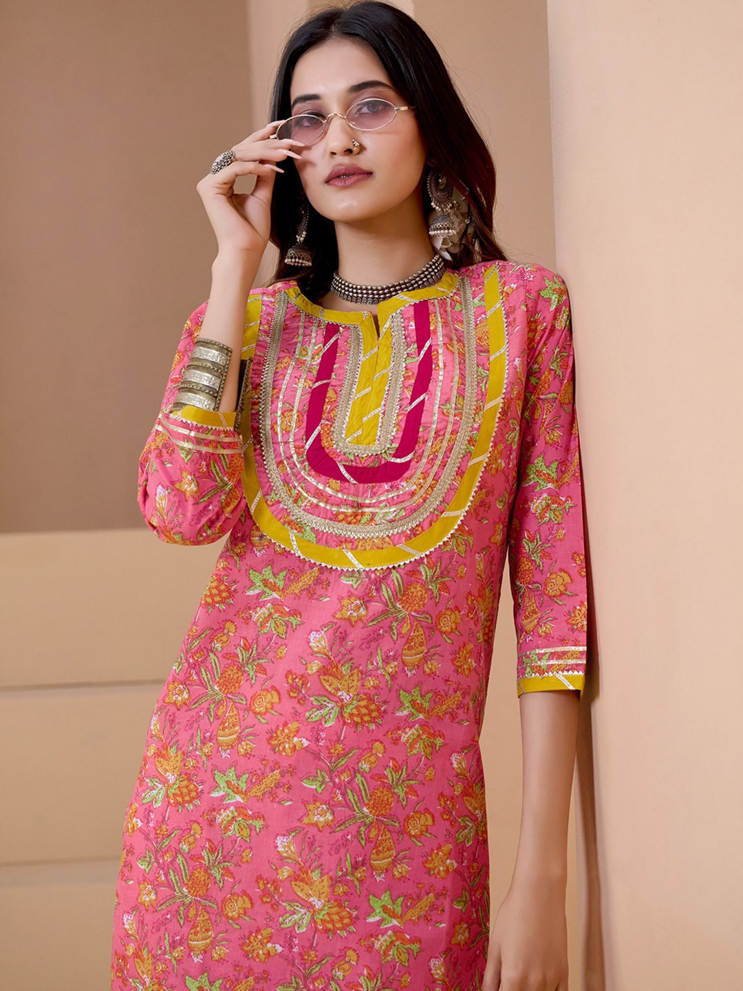 Sangria Floral Printed With Gota Patti Work Pure Cotton Straight Kurta - Distacart