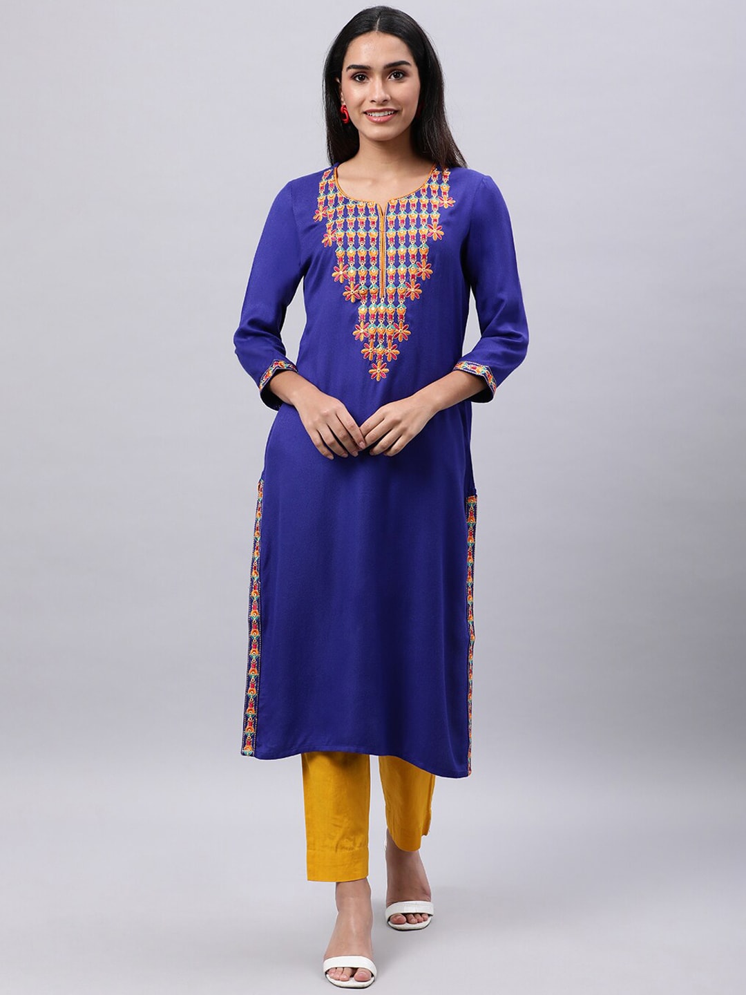 Souchii Blue & cool black Embroidered Mirror Work Grandeur & Majestic Artwork Kurta - Distacart