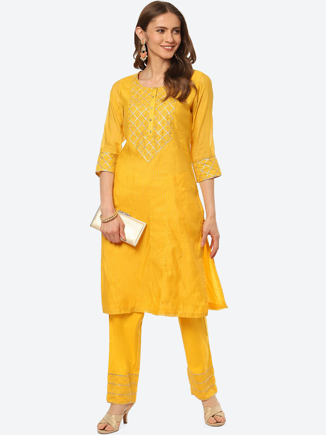 Biba Women Yellow Yoke Design Gotta Patti Kurta with Trouser - Distacart