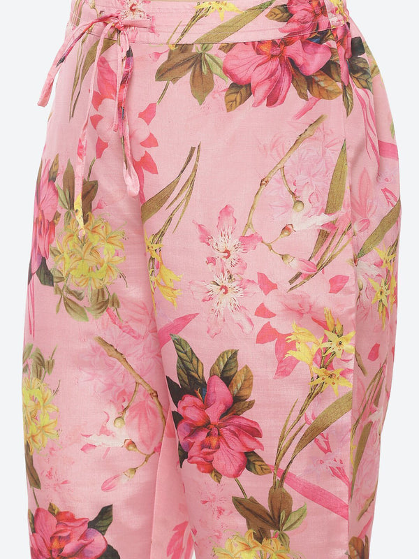 Women Yellow Floral Bishop Sleeves Tie-Up Kurta