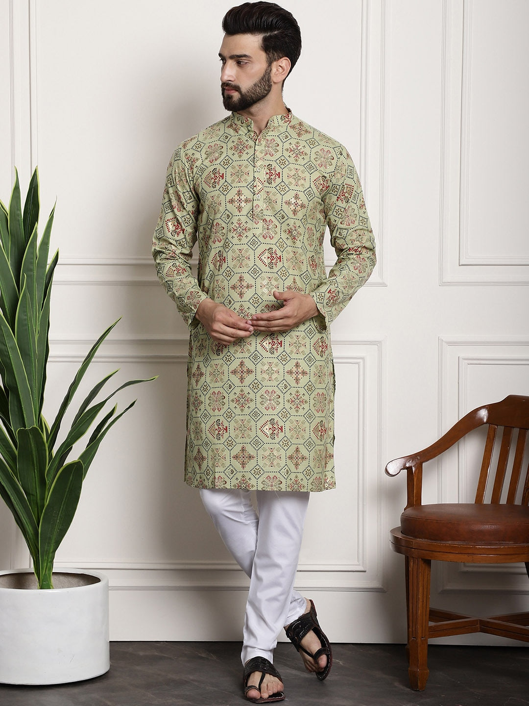 Sojanya Men Green Printed Cotton Linen Kurta with Churidar - Distacart