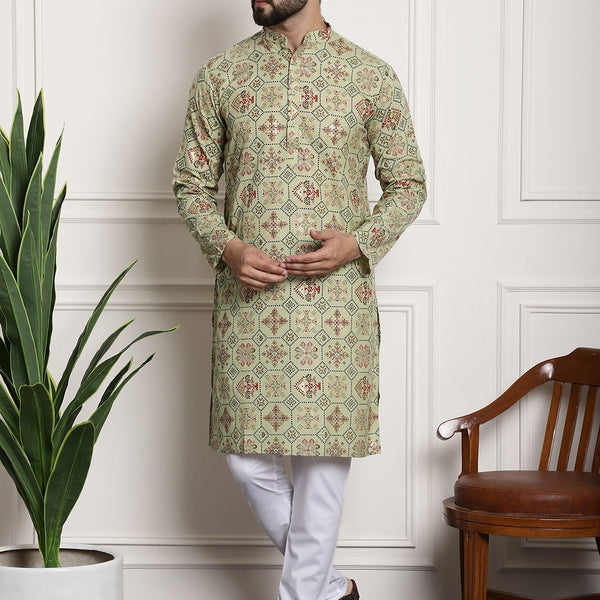 Sojanya Men Green Printed Cotton Linen Kurta with Churidar - Distacart
