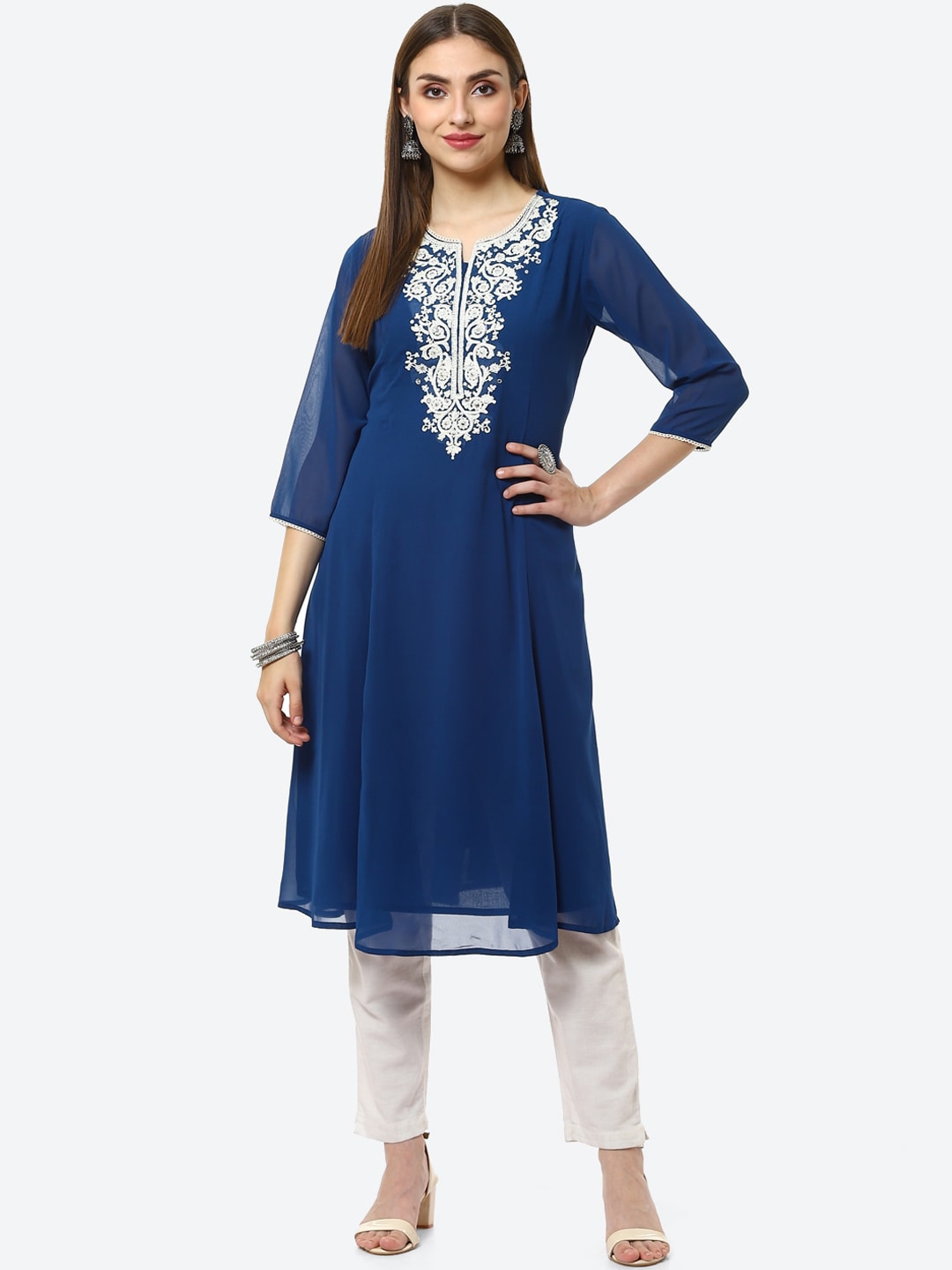 Biba Women Navy Blue Yoke Design Thread Work Kurta - Distacart