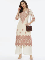 Thumbnail for Biba Women Off White Ethnic Motifs Printed Mirror Work Jacquard Anarkali Kurta - Distacart