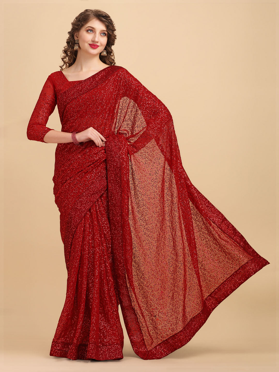 Sangria Maroon Embellished Sequinned Pure Georgette Saree - Distacart