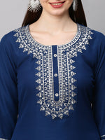 Thumbnail for Kalini Women Navy Blue Ethnic Motifs Embroidered Thread Work Kurta with Trouser & Dupatta - Distacart