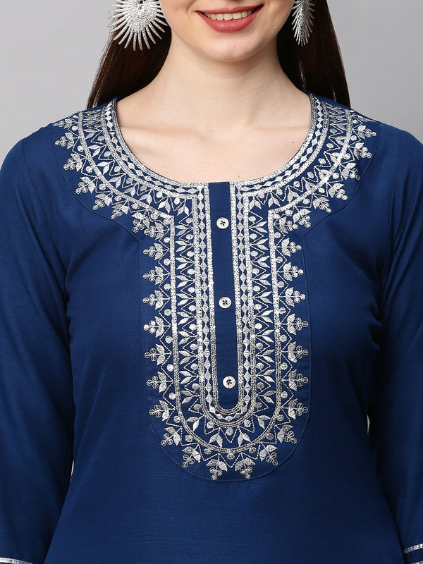 Kalini Women Navy Blue Ethnic Motifs Embroidered Thread Work Kurta with Trouser & Dupatta - Distacart