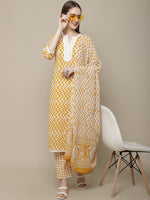 Thumbnail for Sangria Women Yellow Printed Pure Cotton Kurti with Trousers & Dupatta Set - Distacart