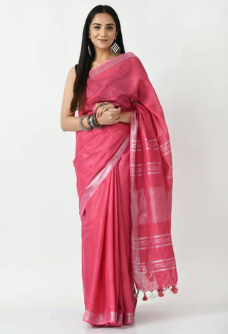 Mominos Fashion Moeza Pink Bhagalpuri Handloom Silk Linen Saree with unstitched Blouse piece - Distacart