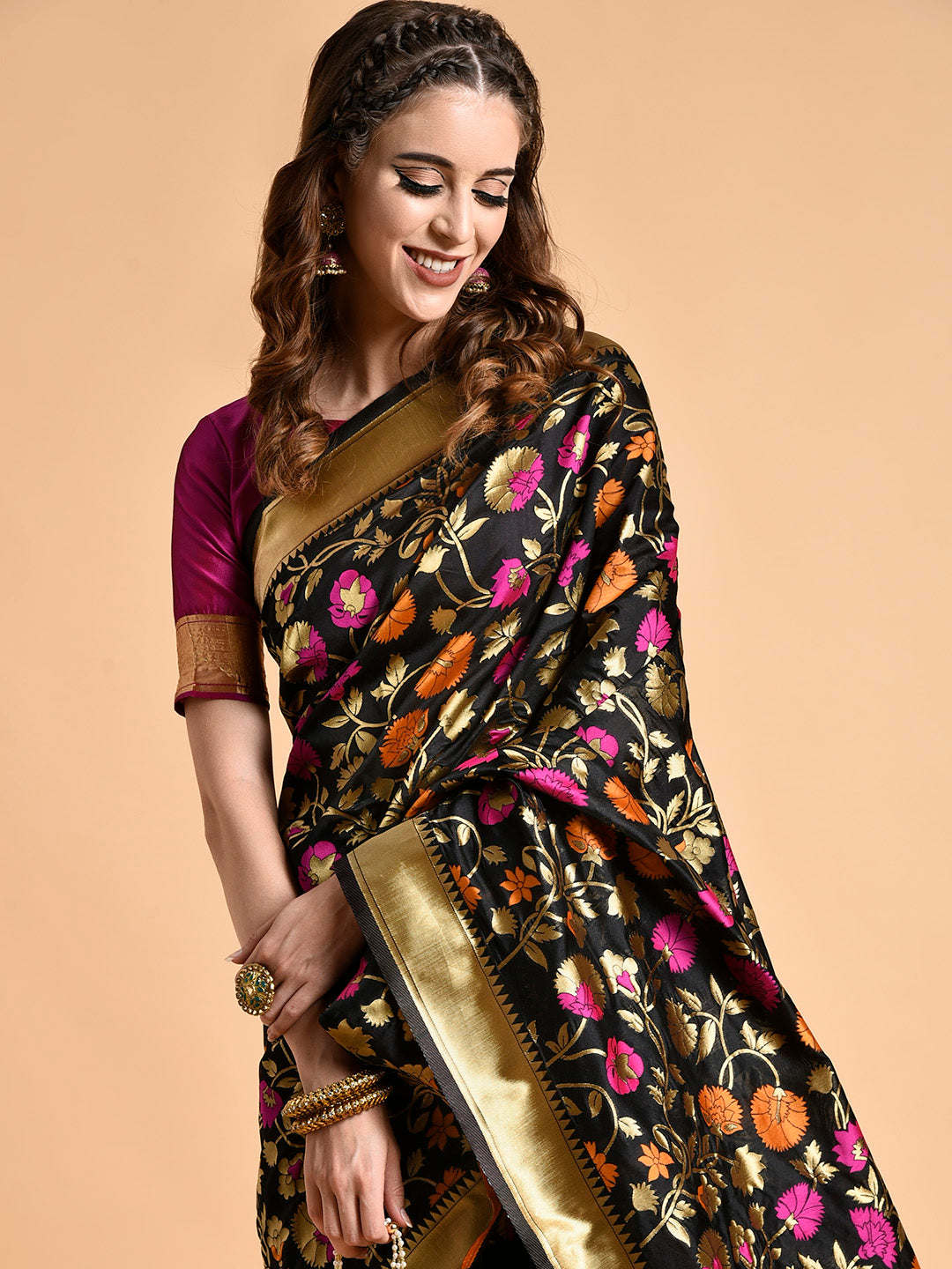 Sangria Black & Pink Floral Zari Silk Blend Banarasi Saree - Distacart