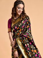Thumbnail for Sangria Black & Pink Floral Zari Silk Blend Banarasi Saree - Distacart