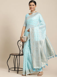 Thumbnail for Saree Mall Blue & Silver-Toned Floral Zari Silk Cotton Sambalpuri Saree - Distacart