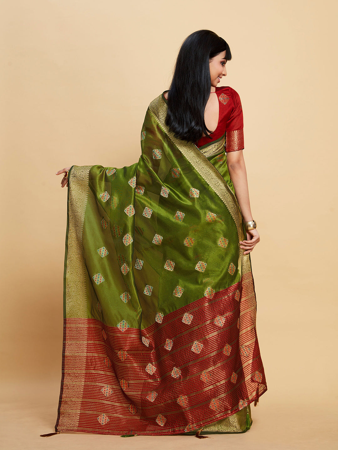 Sangria Green Ethnic Motifs Woven Design Zari Organza Saree - Distacart