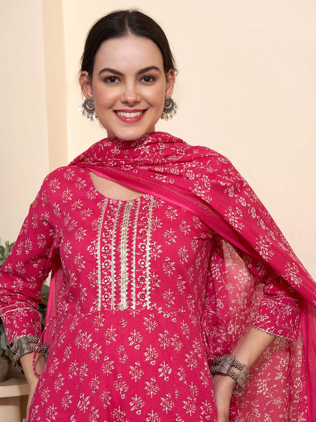 Sangria Printed & Embroidered Pure Cotton A-Line Kurta With Trouser & Dupatta - Distacart