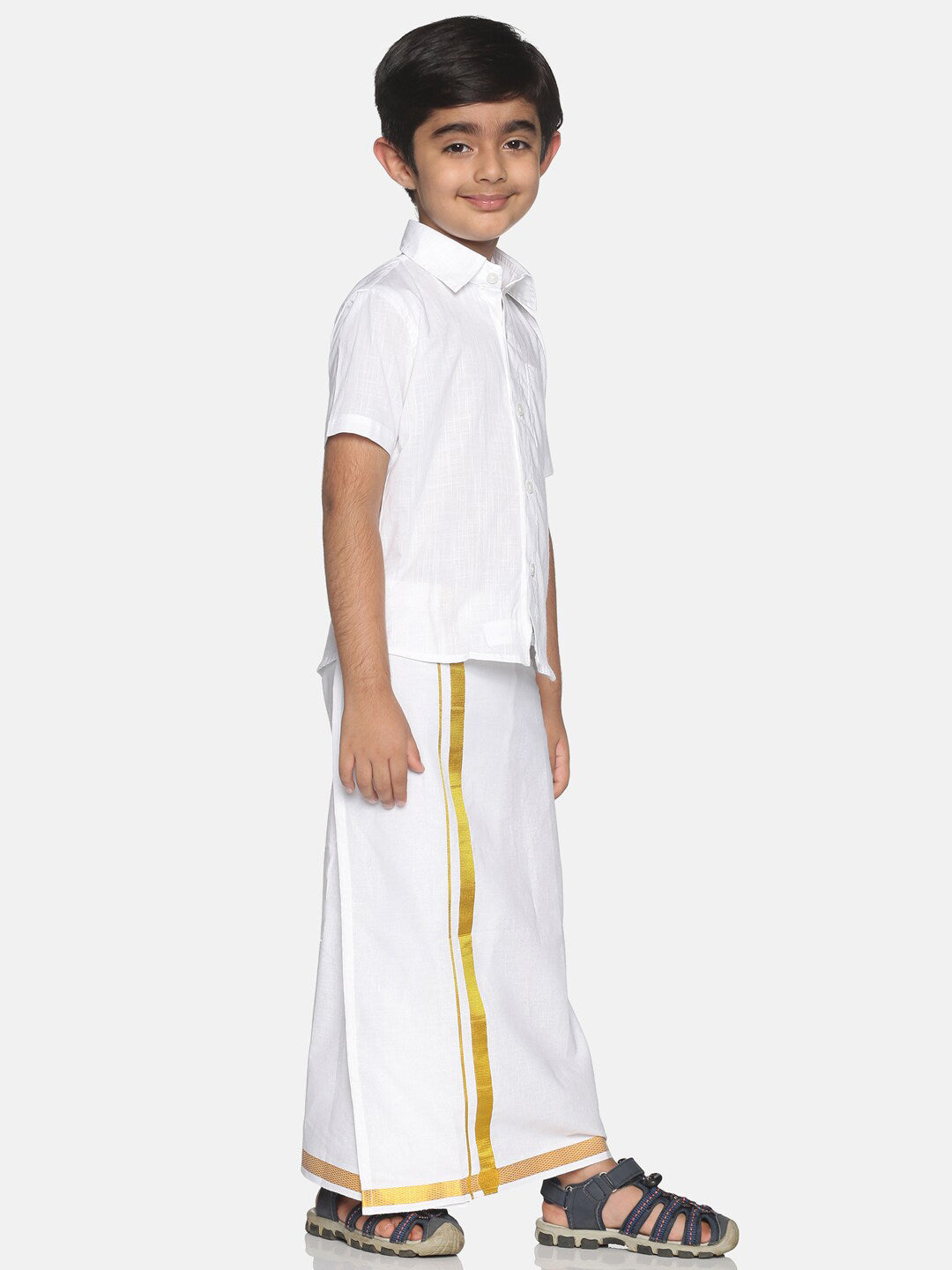 Sethukrishna Boys White & Gold-Toned Pure Cotton Solid Shirt and Veshti Set - Distacart