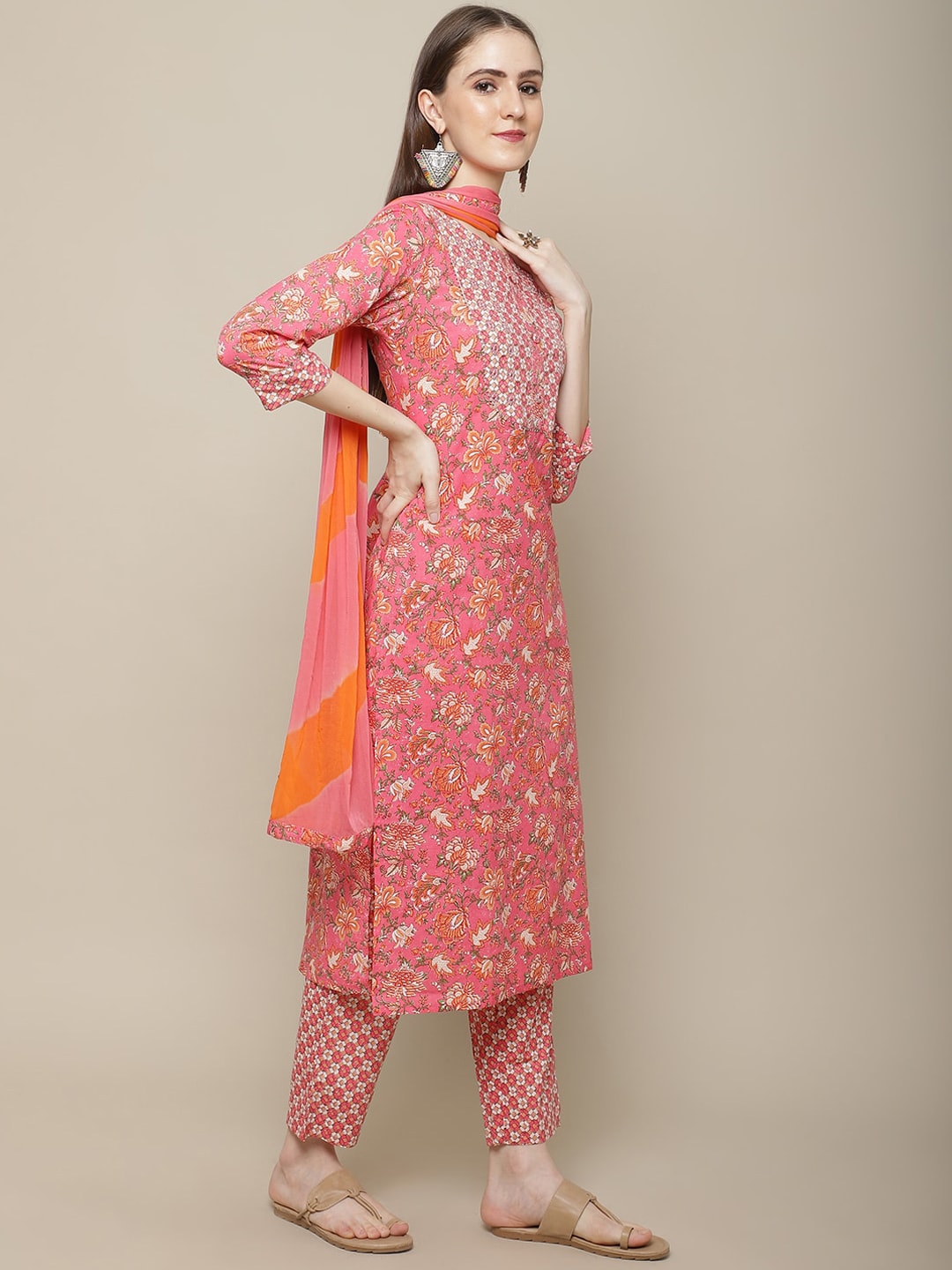 Sangria Women Pink Floral Printed Pure Cotton Kurta with Trouser & Dupatta - Distacart