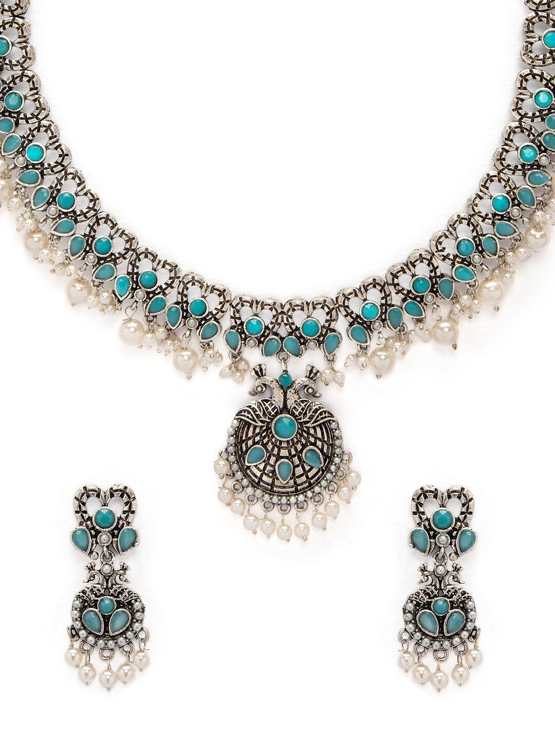 Rubans Women Oxidised Silver-Toned, Blue & White Stone & Pearl Embellished Handcrafted Jewellery Set - Distacart