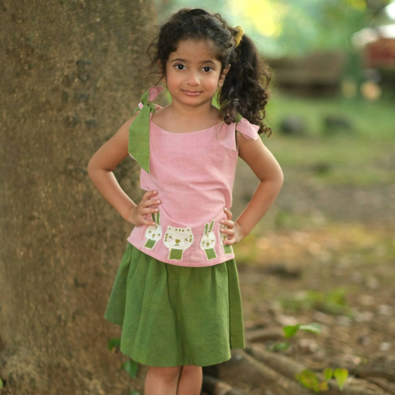 Mhyssa Pink Tie up Round Neck Patch Tee with Circular Skirt Set - Distacart