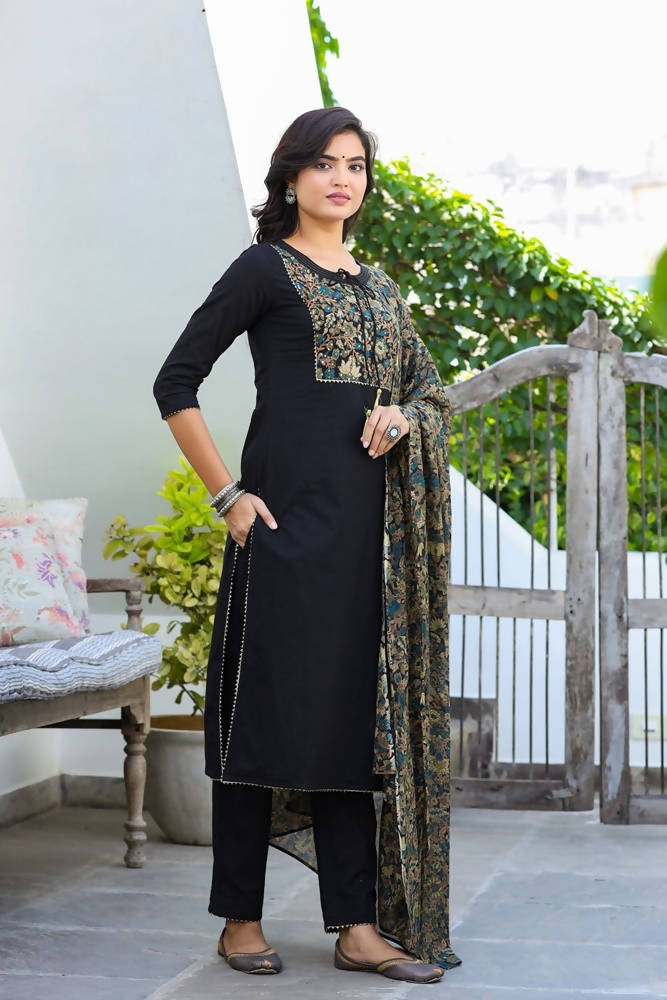 Yufta Women Black Patch Work Kurta with Palazzo & Dupatta