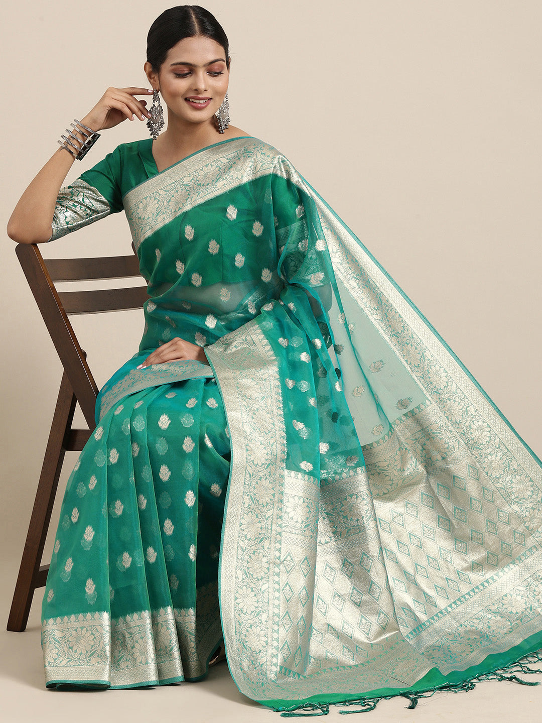 Saree Mall Green Ethnic Motifs Zari Organza Banarasi Saree - Distacart