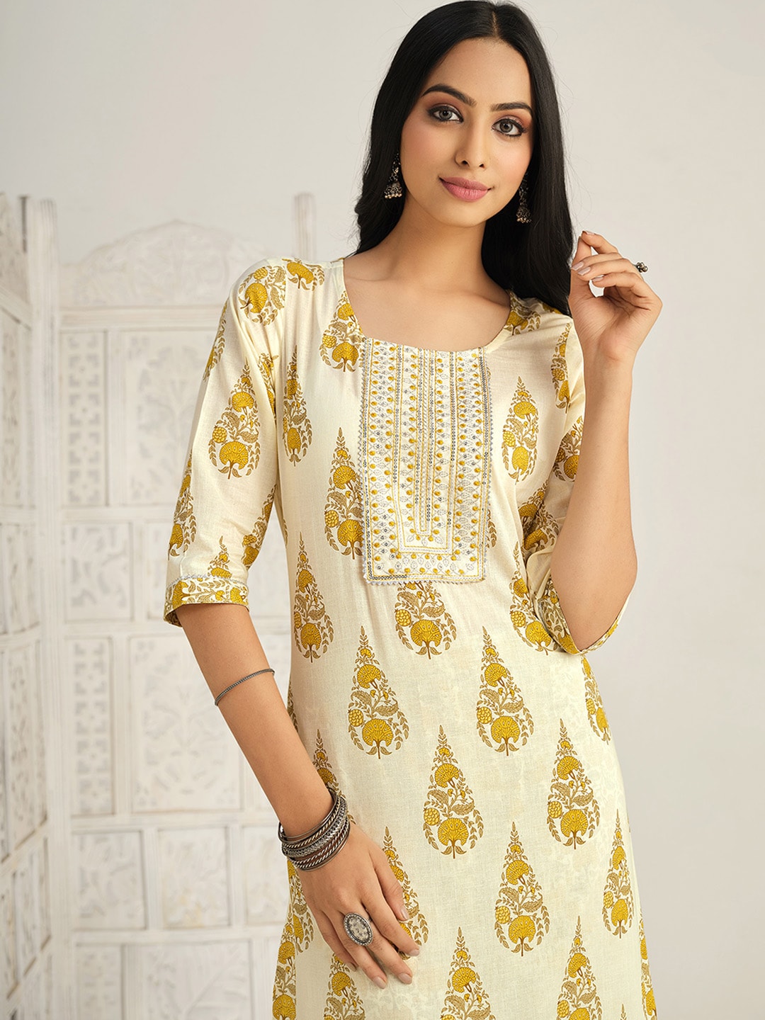 Sangria Ethnic Motifs Printed Gotta Patti Kurta With Trouser & Dupatta - Distacart