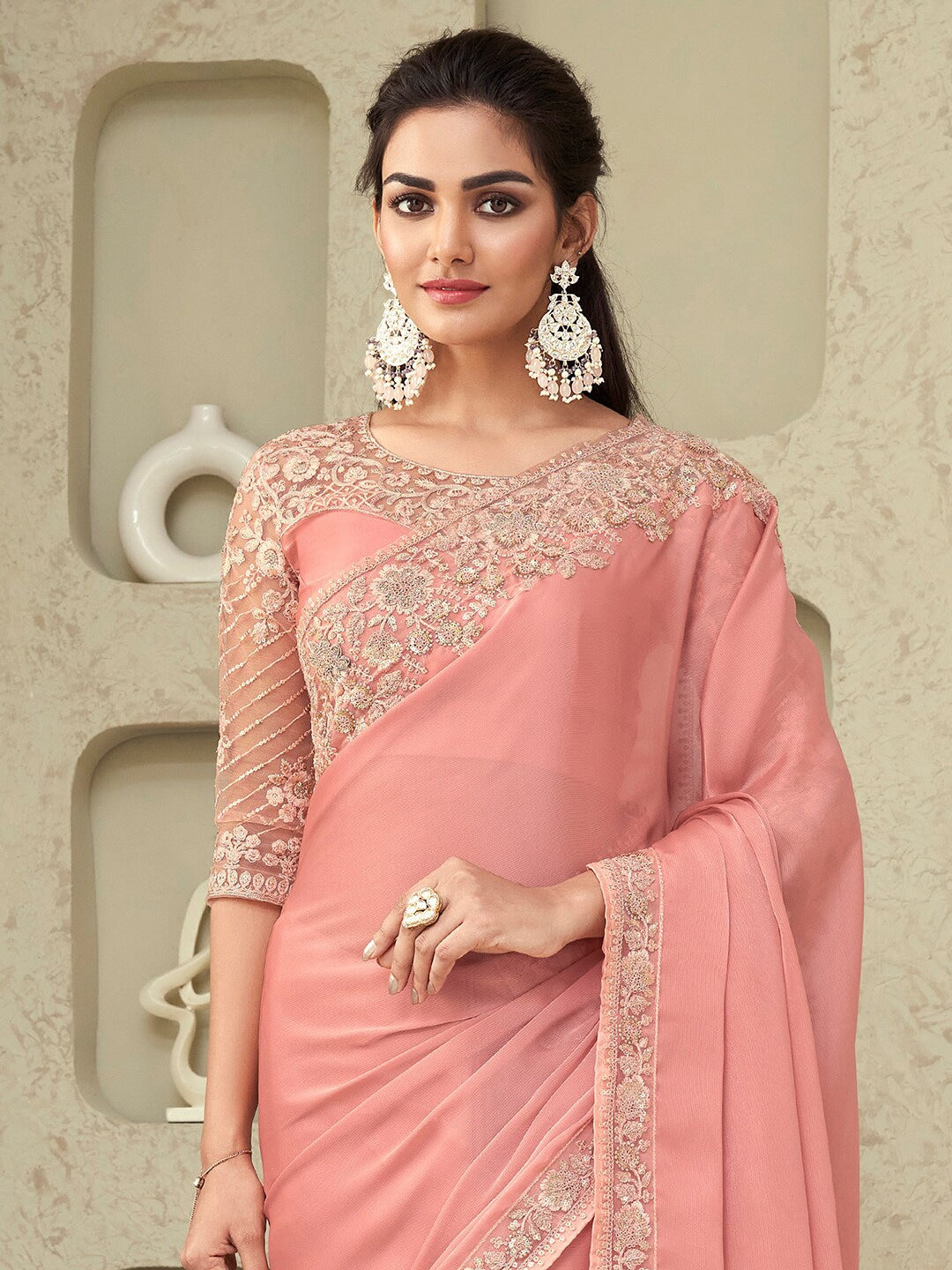 Mitera Pink & Gold-Toned Embroidered Pure Georgette Saree - Distacart