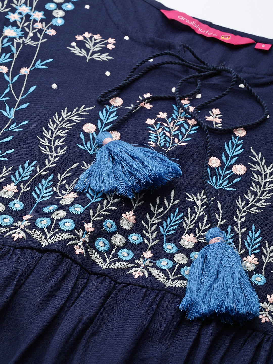 Anubhutee Navy Blue Floral Embroidered Tassel Detail A-Line Dress - Distacart