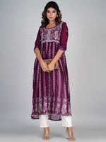Thumbnail for HERE&NOW Purple & White Floral Embroidered Paneled Georgette Anarkali Kurta - Distacart