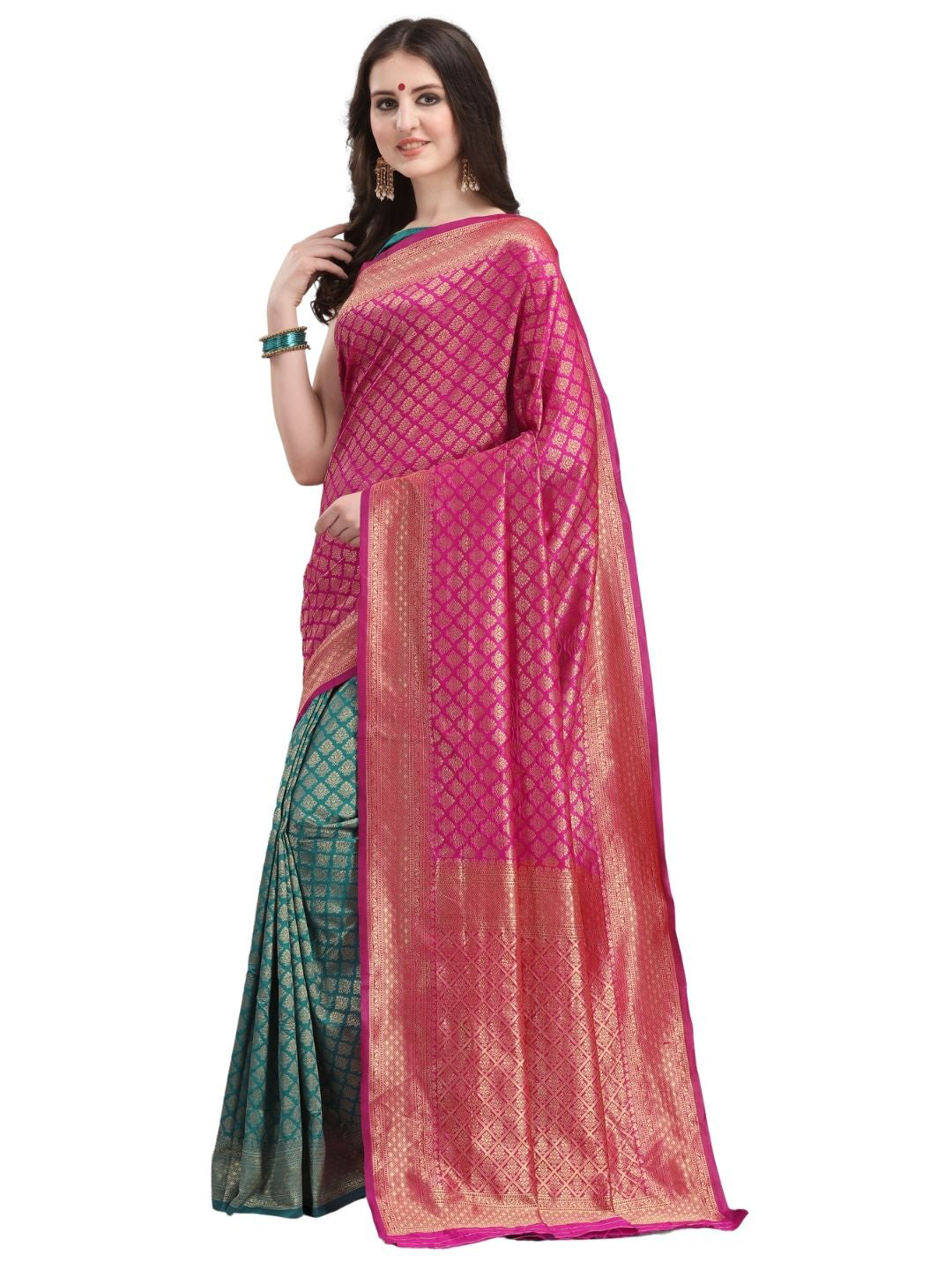 Kalini Green & Pink Ethnic Motifs Zari Silk Blend Half and Half Kanjeevaram Saree - Distacart