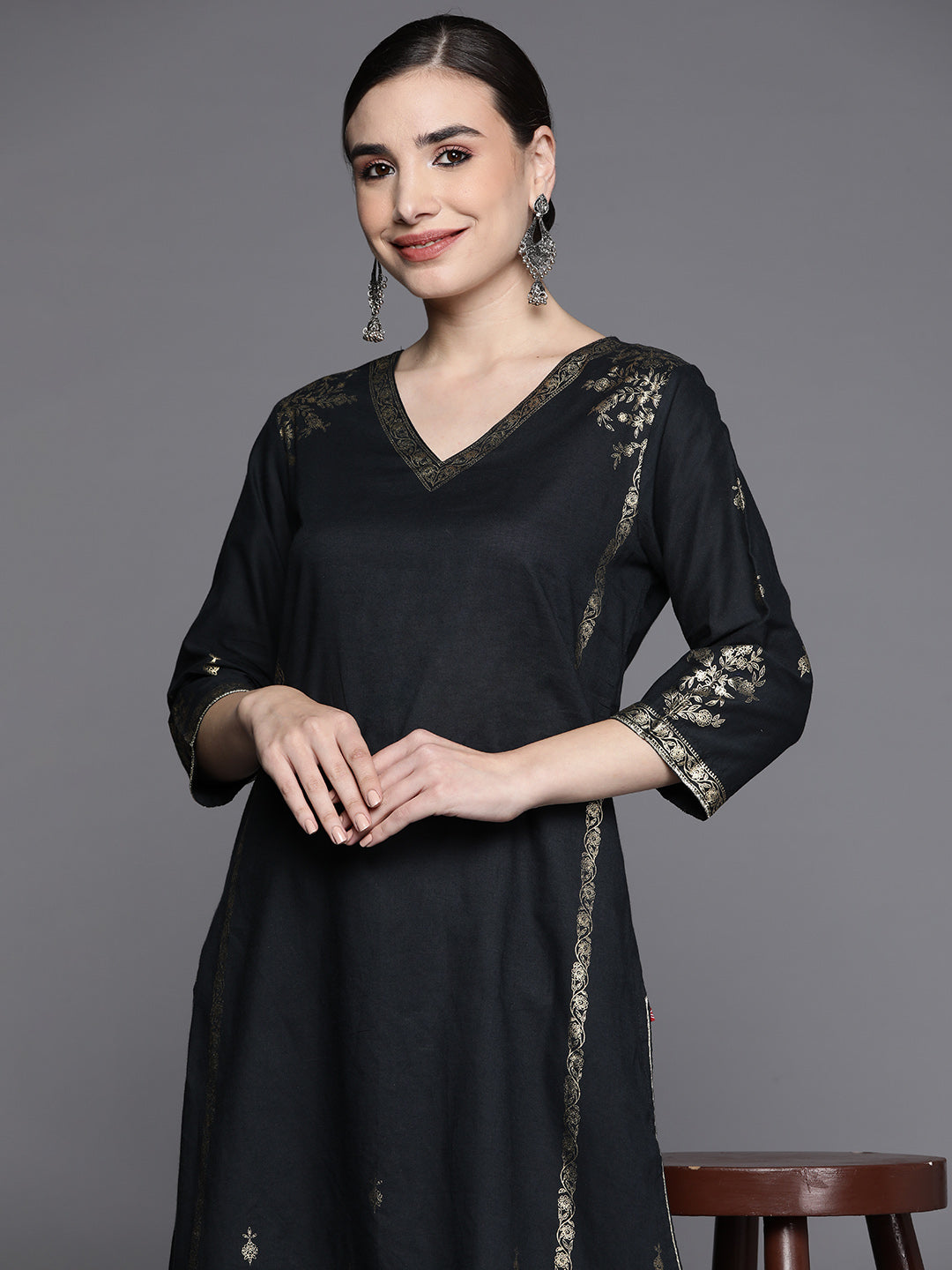 Biba Women Black & Golden Ethnic Motifs Printed Pure Cotton Kurta with Trousers - Distacart