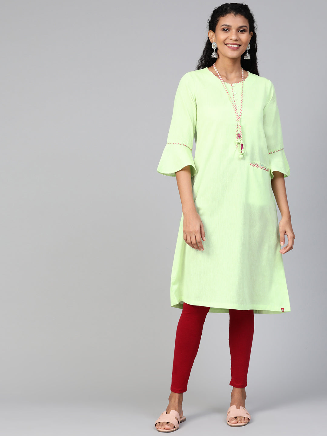 Biba Women Green Solid A-Line Kurta - Distacart