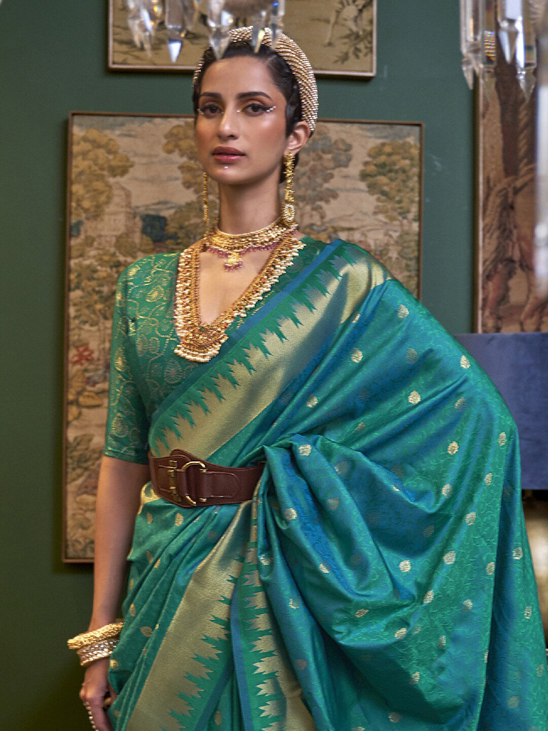Mitera Teal & Gold-Toned Ethnic Motifs Zari Silk Blend Kanjeevaram Saree - Distacart