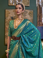 Thumbnail for Mitera Teal & Gold-Toned Ethnic Motifs Zari Silk Blend Kanjeevaram Saree - Distacart
