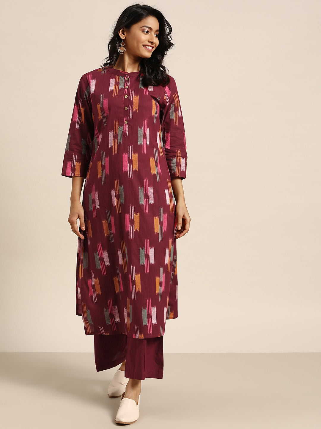 Sangria Women Burgundy & Mustard Yellow Abstract Print Cotton Kurta with Trousers - Distacart