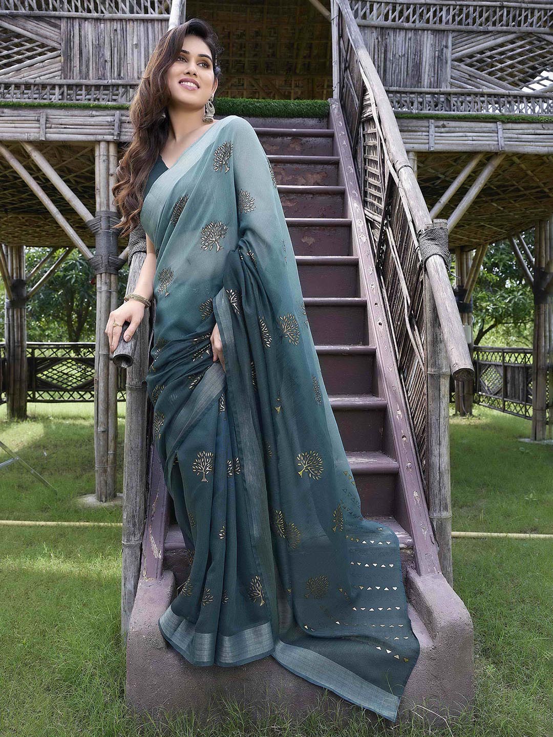 Kalini Turquoise Blue & Gold Ethnic Motifs Bagh Poly Cotton Saree - Distacart