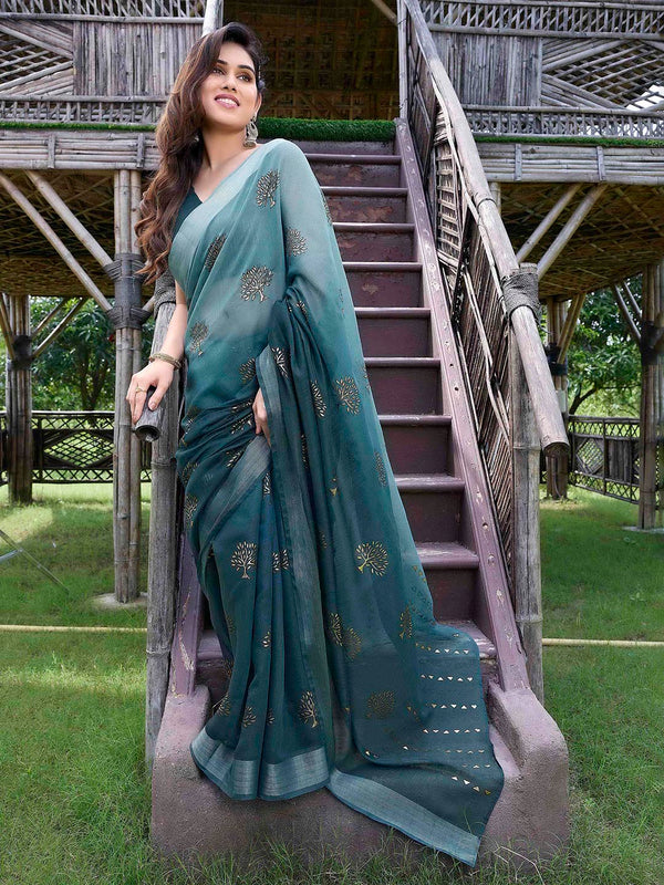 Kalini Turquoise Blue & Gold Ethnic Motifs Bagh Poly Cotton Saree - Distacart