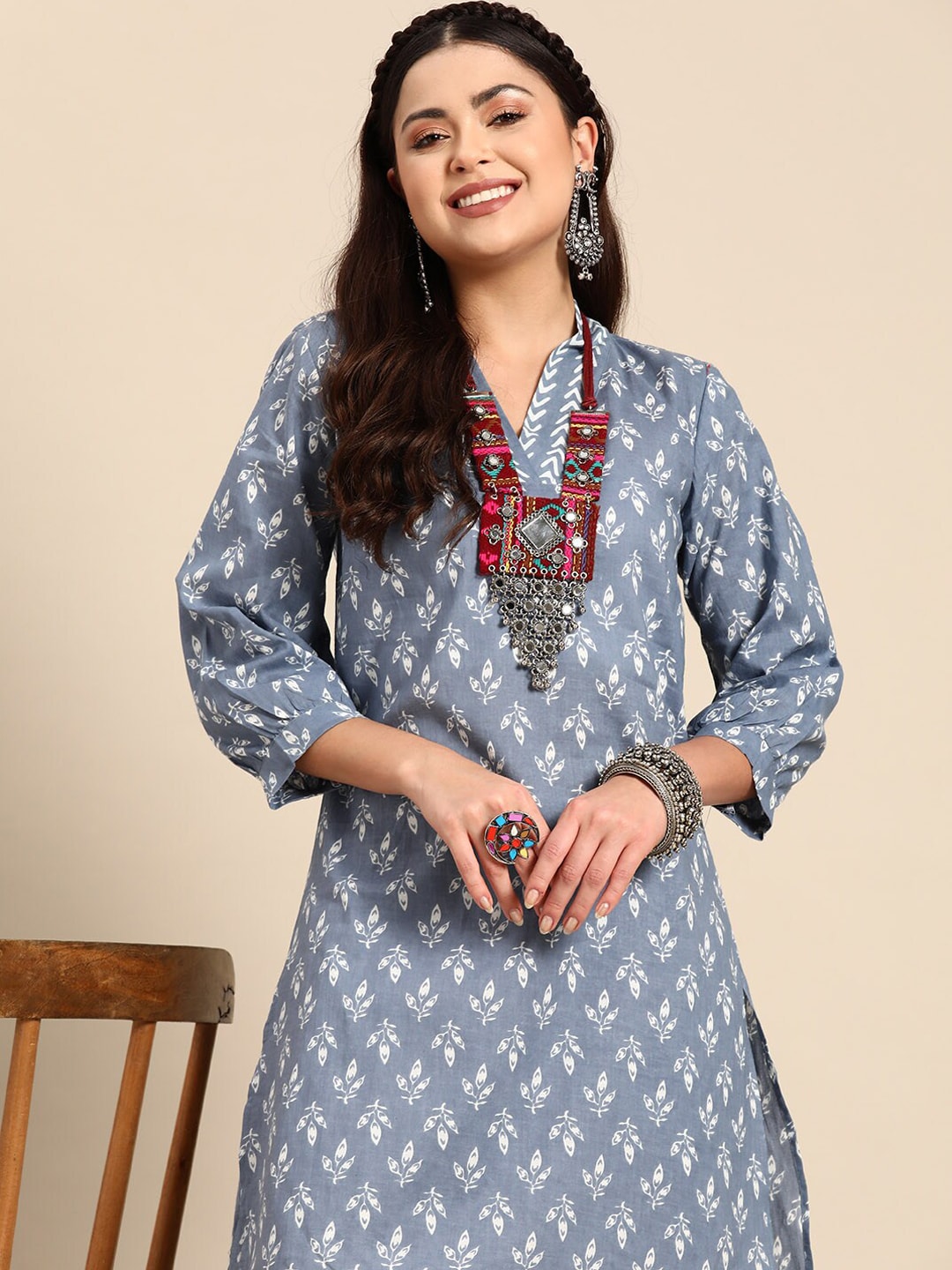Sangria Blue & White Ethnic Motifs Printed V-Neck Pure Cotton A-Line Kurta With Salwar - Distacart