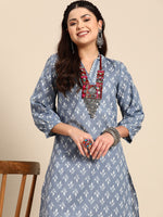 Thumbnail for Sangria Blue & White Ethnic Motifs Printed V-Neck Pure Cotton A-Line Kurta With Salwar - Distacart