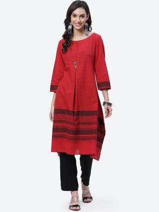 Biba Women Red Striped Thread Work Kurta - Distacart