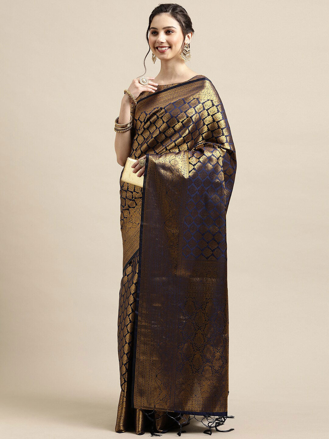 Saree Mall Navy Blue & Gold-Toned Ethnic Motifs Zari Silk Blend Banarasi Saree - Distacart