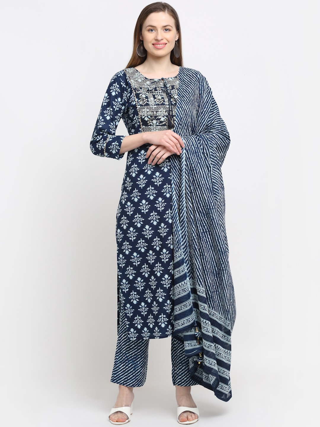 Kalini Women Navy Blue Ethnic Motifs Printed Pure Cotton Kurta with Trousers & Dupatta - Distacart