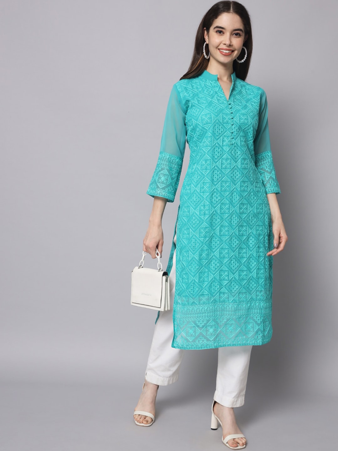 HERE&NOW Women Turquoise Blue Ethnic Motifs Embroidered Thread Work Georgette Kurta - Distacart