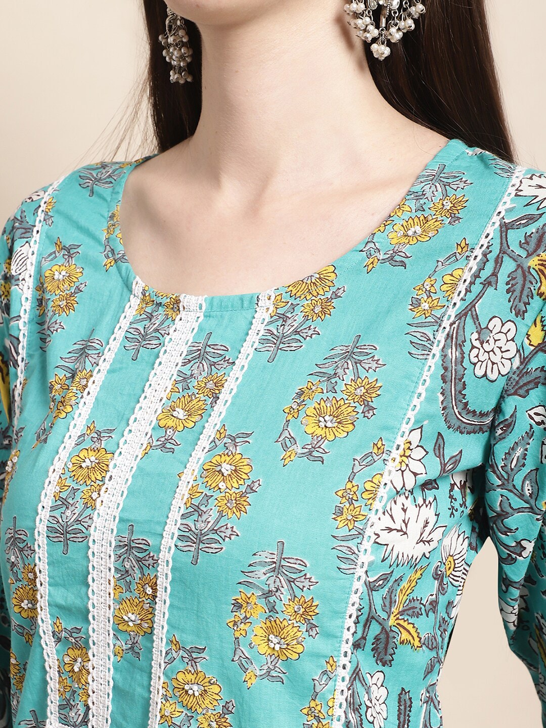 Sangria Blue & Gold Ethnic Motifs Printed Pure Cotton Kurta With Trouser & Dupatta - Distacart