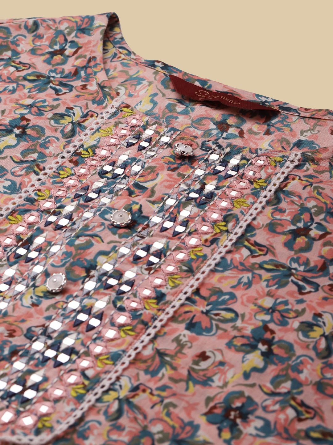 Sangria Peach & Blue Floral-Printed Pure-Cotton Straight Kurta With Trouser & Dupatta - Distacart